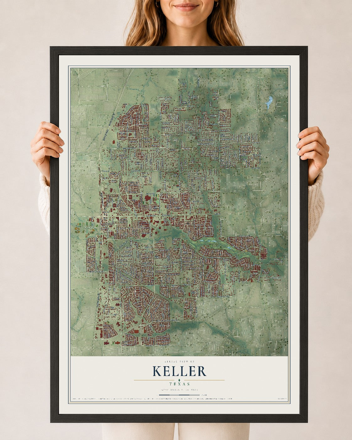 Map of Keller, Texas, 24 x 36 inch print in a black wood frame