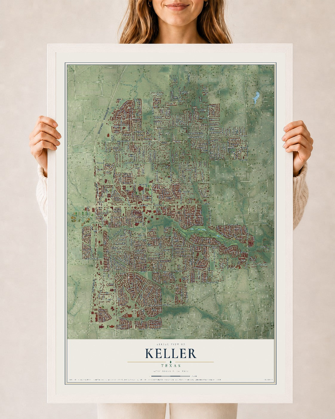 Map of Keller, Texas, 24 x 36 inch print in a white wood frame
