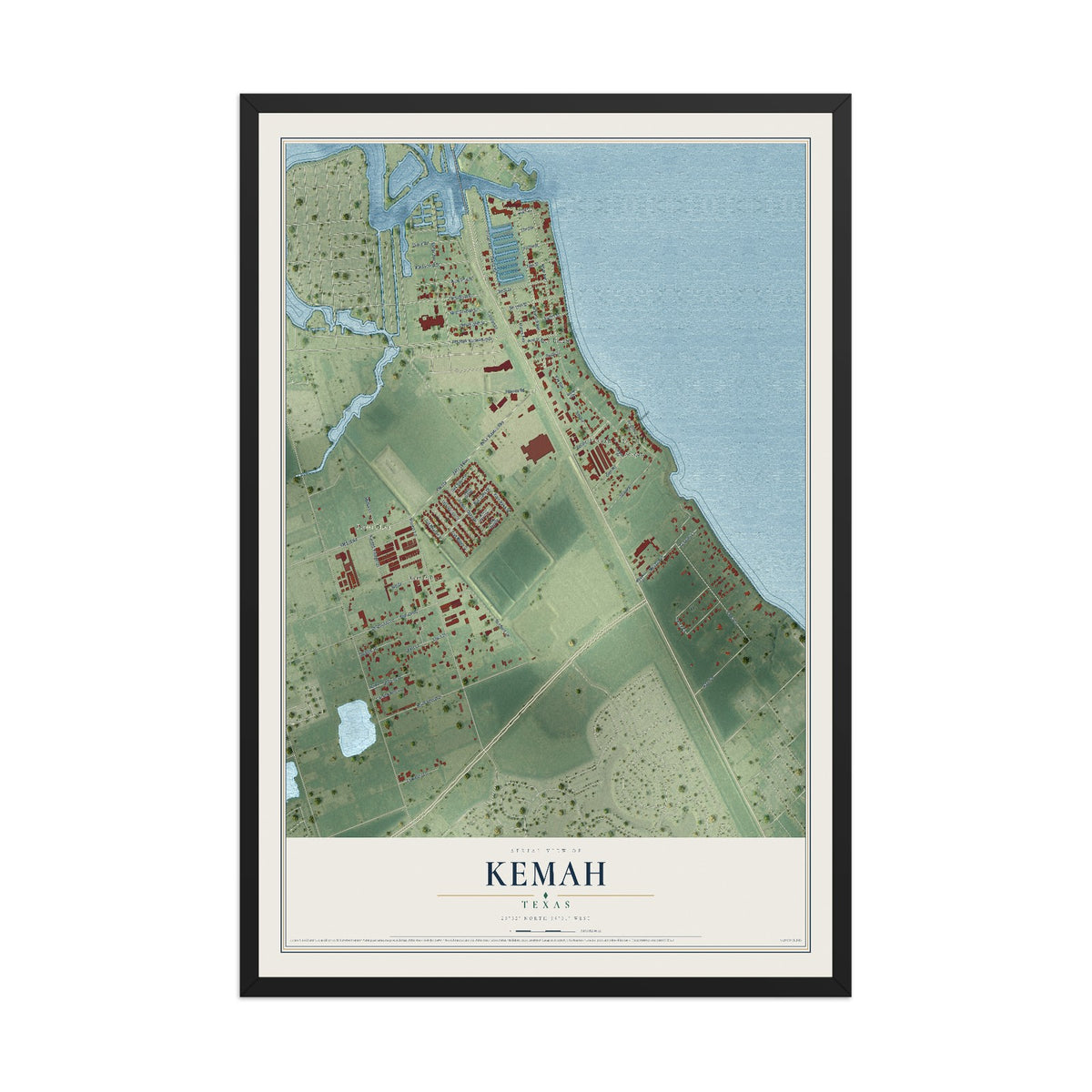 Map of Kemah, Texas, 12 x 18 inch print in a black wood frame