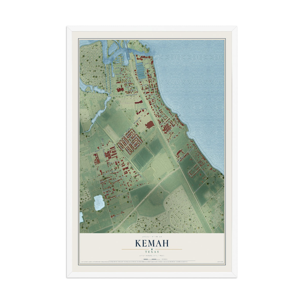 Map of Kemah, Texas, 12 x 18 inch print in a white wood frame