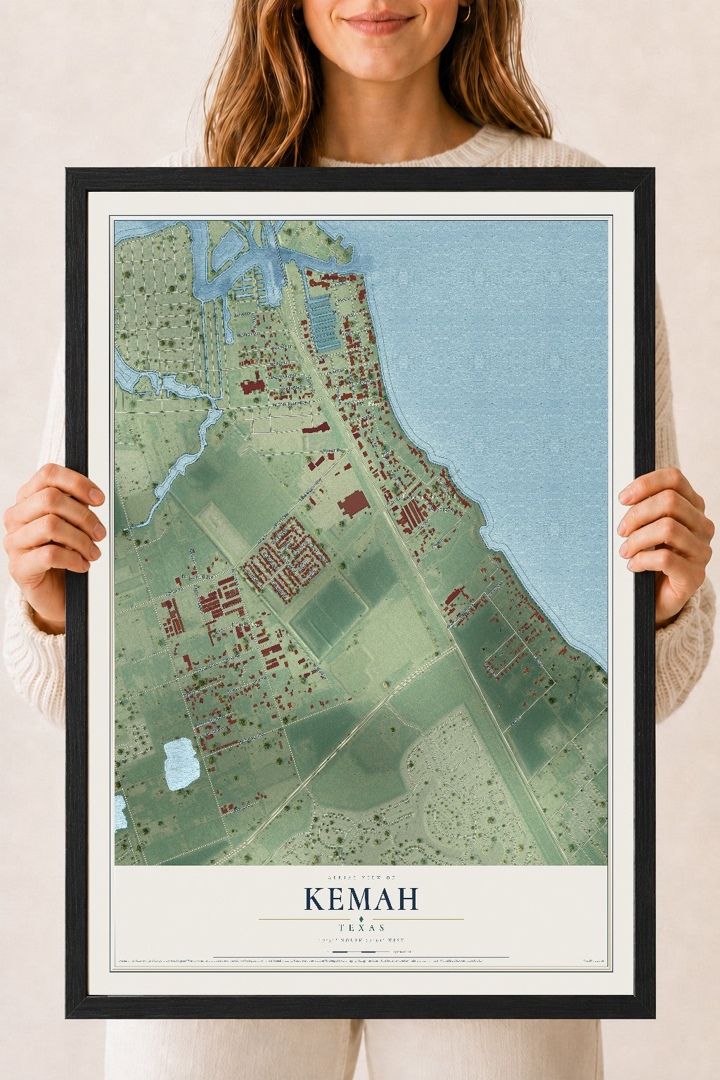 Map of Kemah, Texas, 18 x 24 inch print in a black wood frame