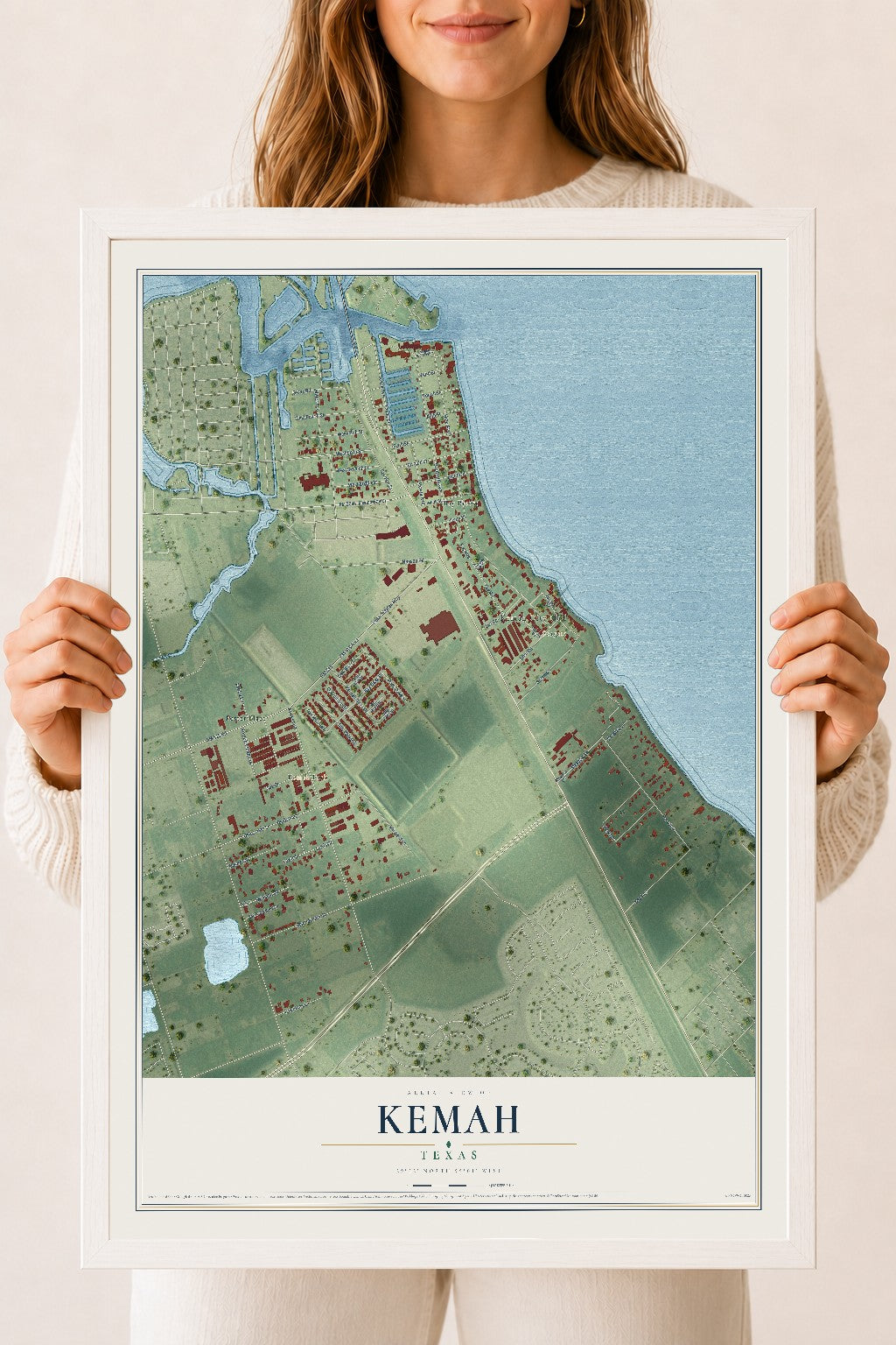 Map of Kemah, Texas, 18 x 24 inch print in a white wood frame