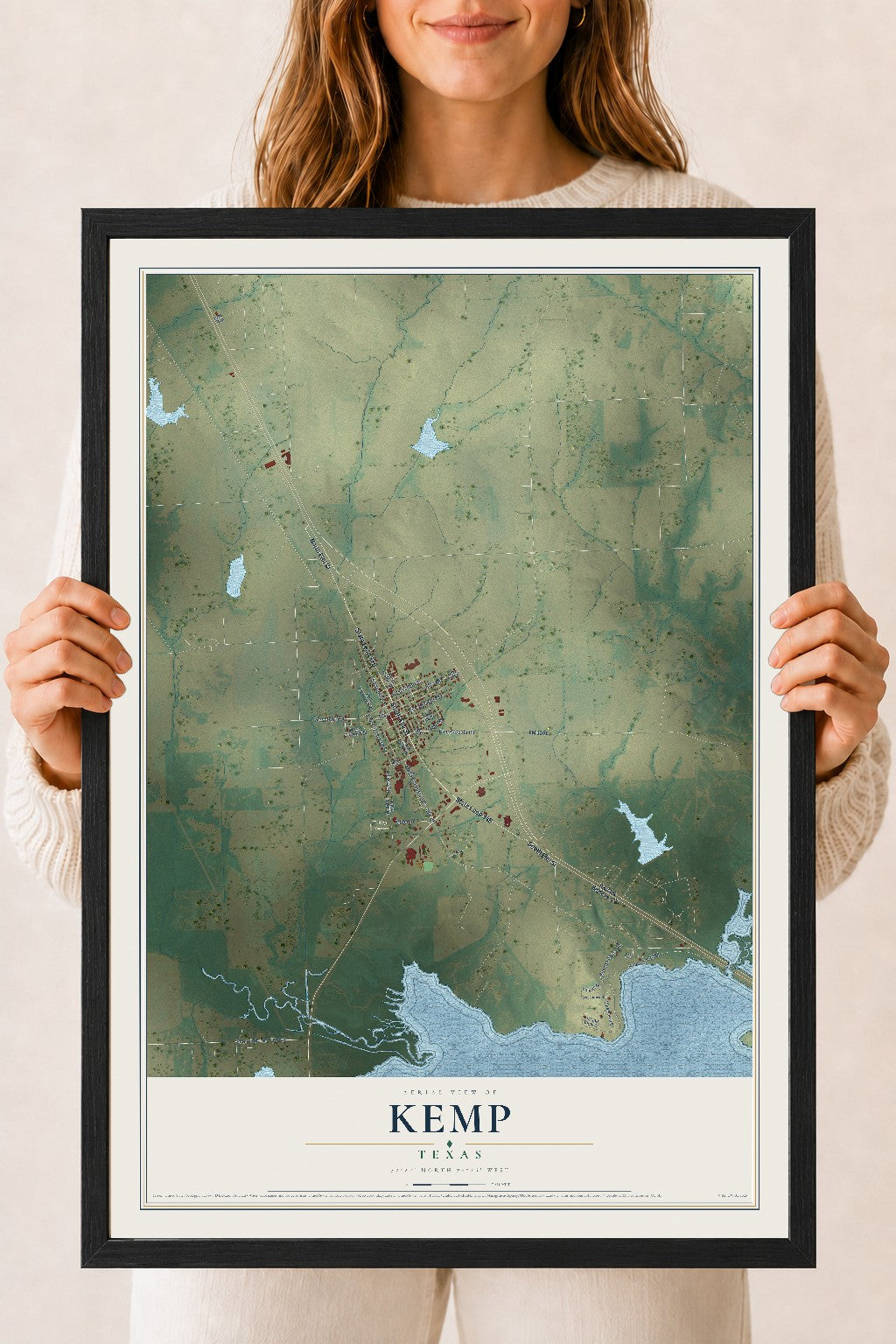 Map of Kemp, Texas, 18 x 24 inch print in a black wood frame