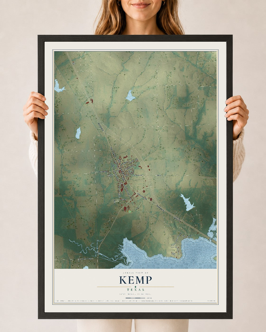 Map of Kemp, Texas, 24 x 36 inch print in a black wood frame