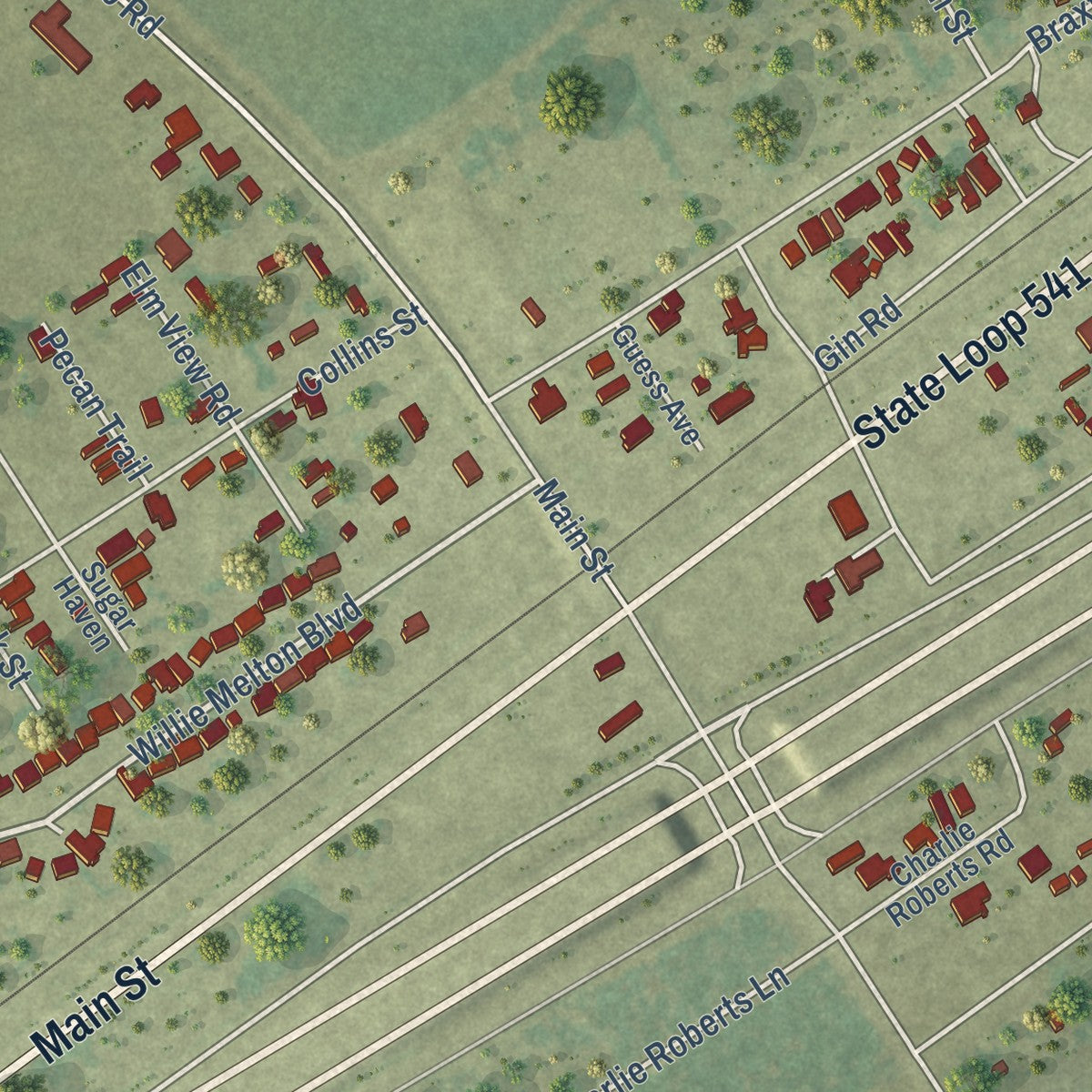 Close-up of the map of Kendleton, Texas print showing street and building detail