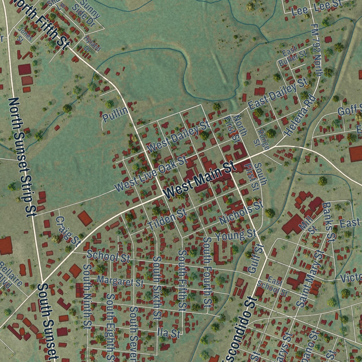 Close-up of the map of Kenedy, Texas print showing street and building detail