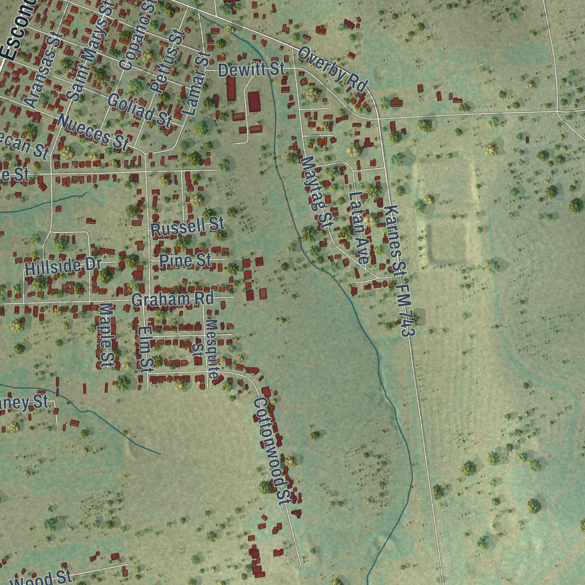 Second close-up of the map of Kenedy, Texas print showing more streets and buildings