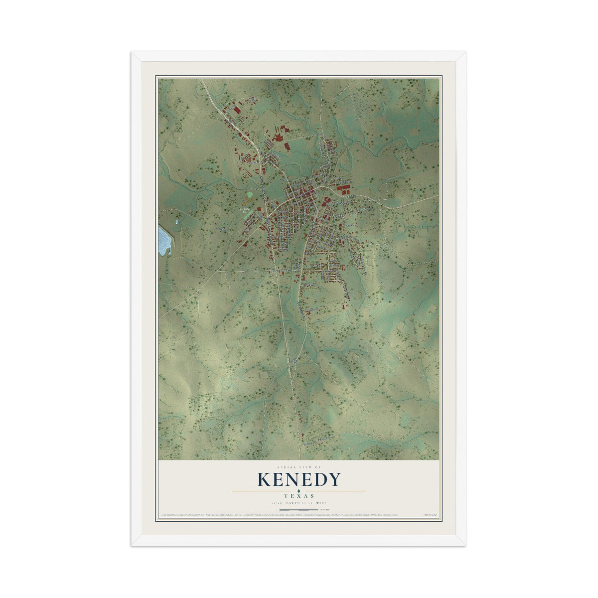 Map of Kenedy, Texas, 12 x 18 inch print in a white wood frame