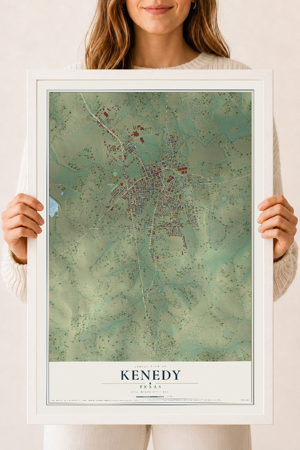 Map of Kenedy, Texas, 18 x 24 inch print in a white wood frame