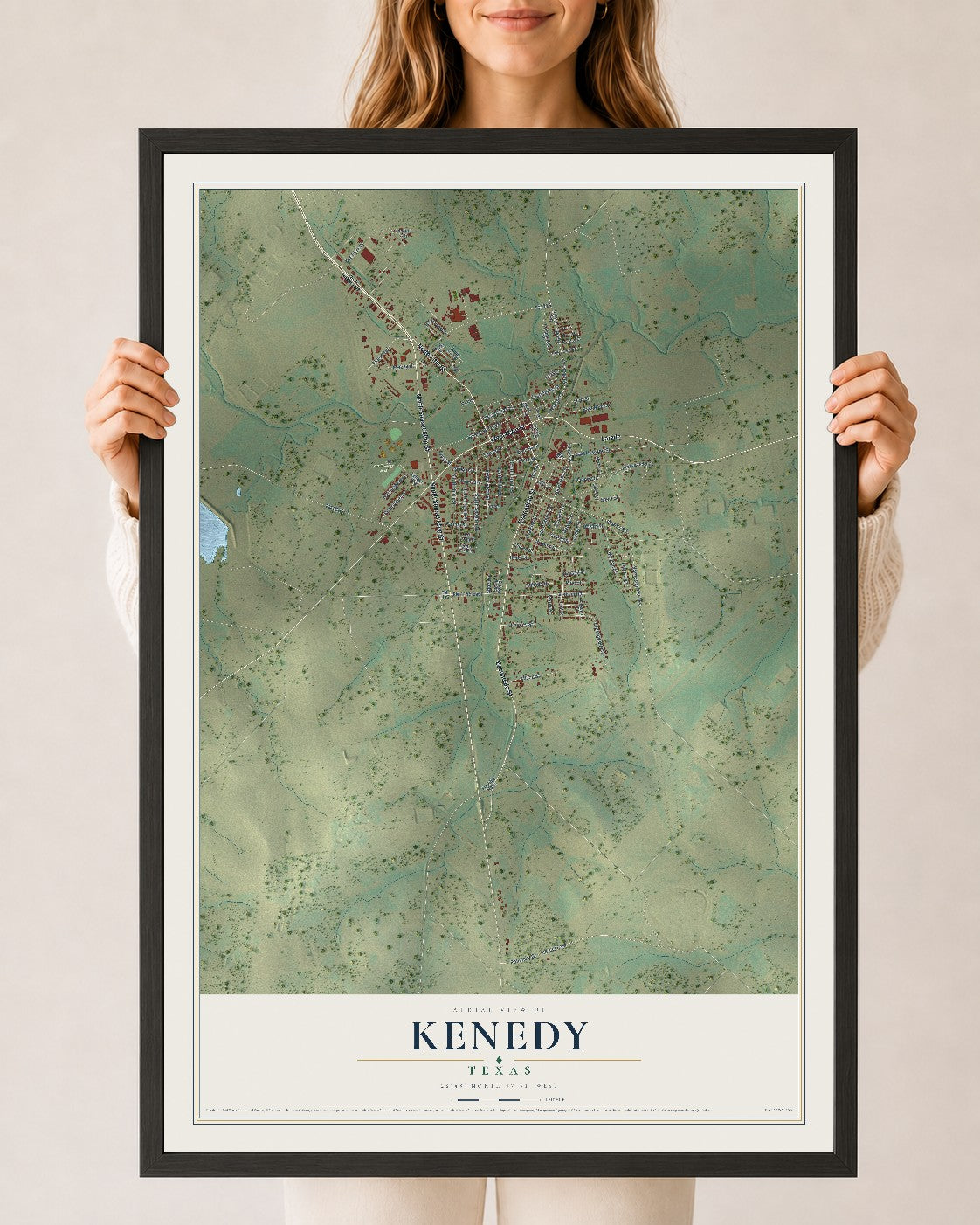 Map of Kenedy, Texas, 24 x 36 inch print in a black wood frame