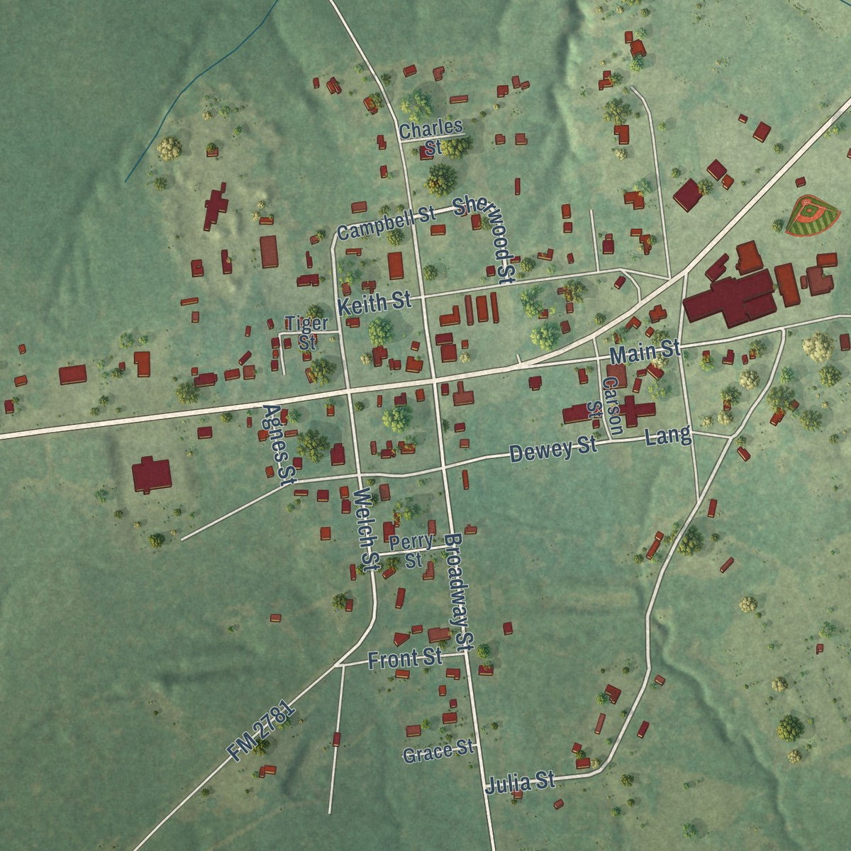 Close-up of the map of Kennard, Texas print showing street and building detail