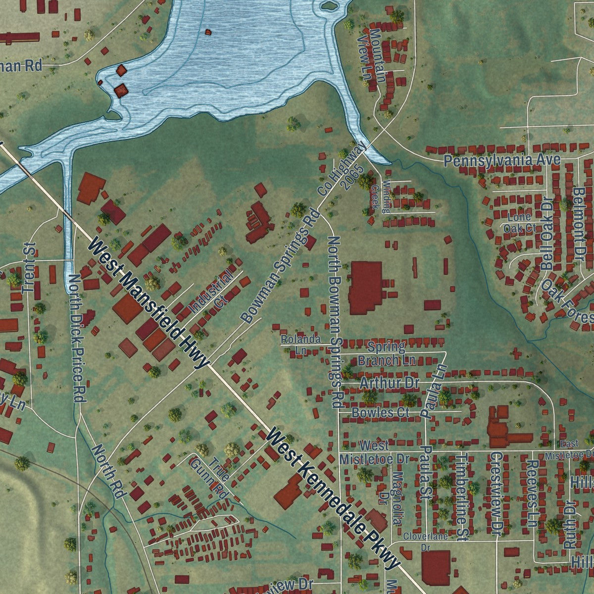 Second close-up of the map of Kennedale, Texas print showing more streets and buildings