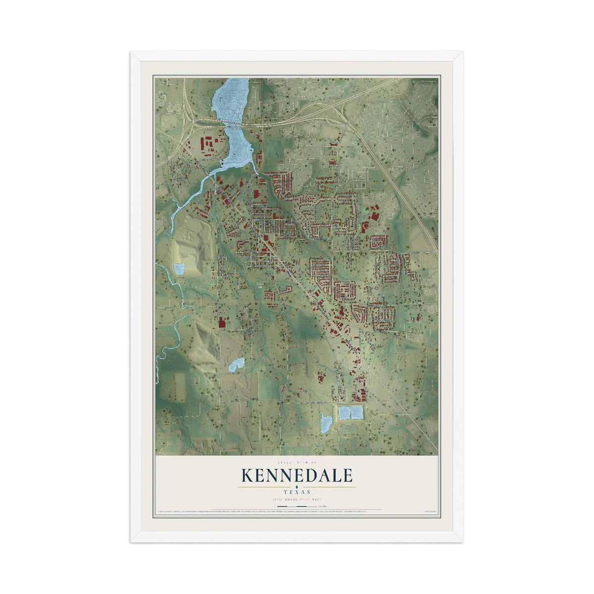 Map of Kennedale, Texas, 12 x 18 inch print in a white wood frame