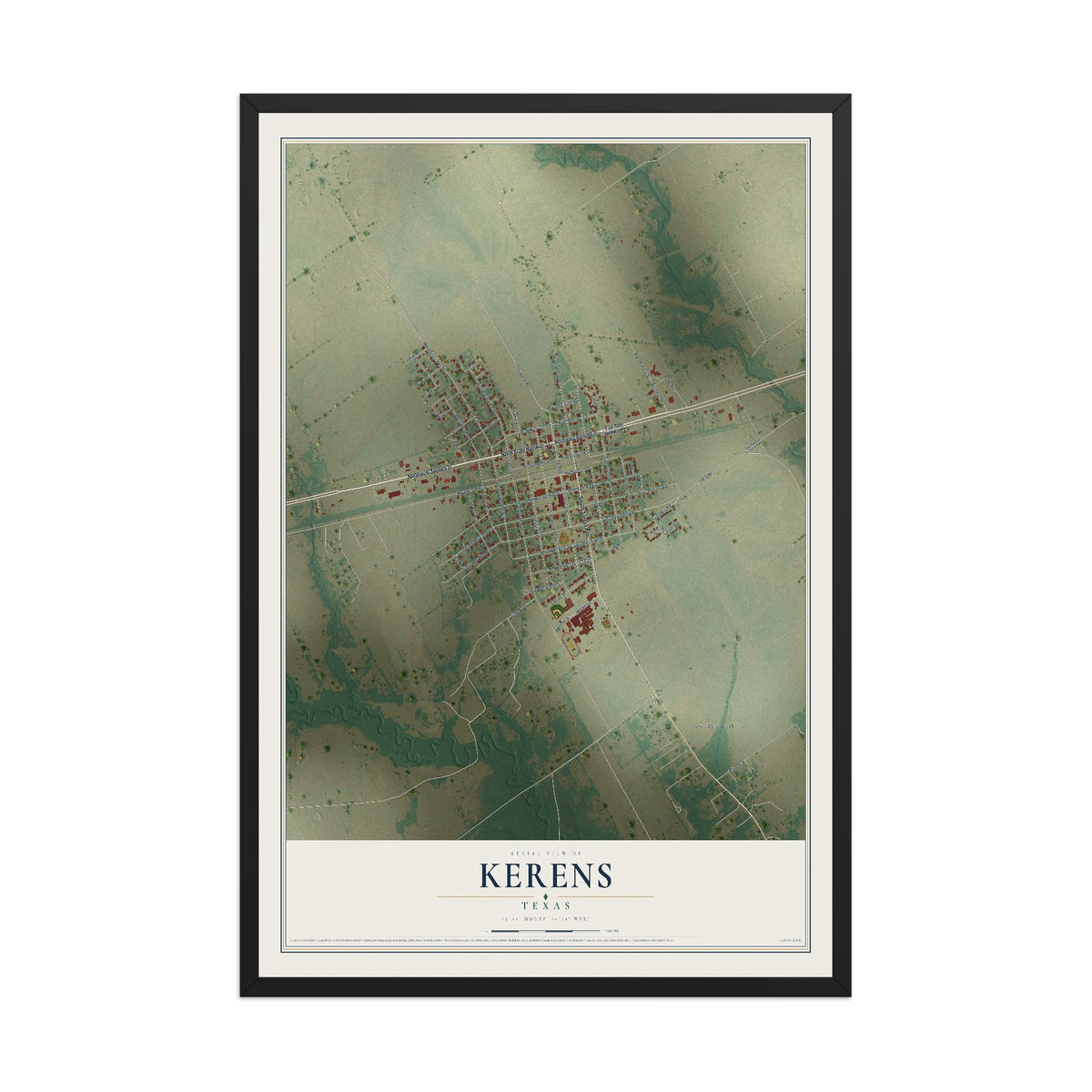 Map of Kerens, Texas, 12 x 18 inch print in a black wood frame