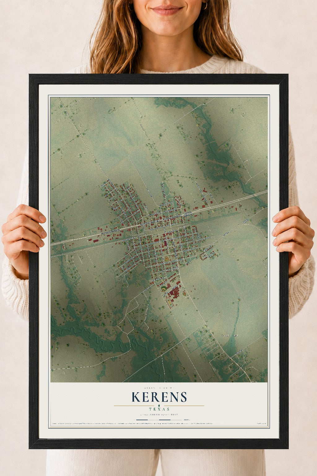 Map of Kerens, Texas, 18 x 24 inch print in a black wood frame
