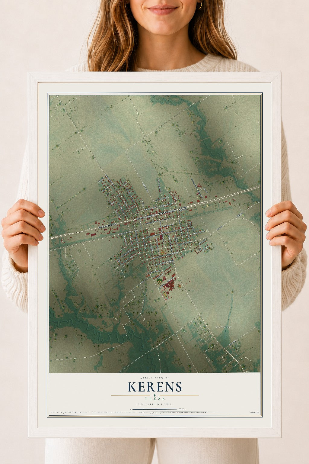 Map of Kerens, Texas, 18 x 24 inch print in a white wood frame
