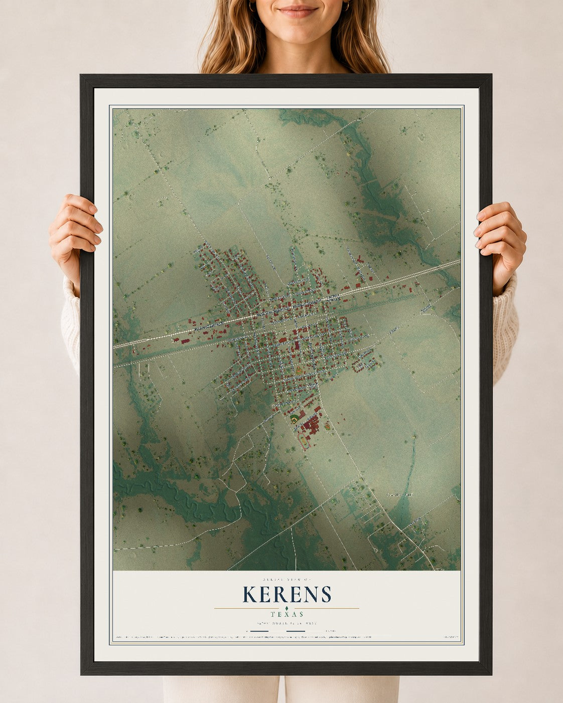 Map of Kerens, Texas, 24 x 36 inch print in a black wood frame
