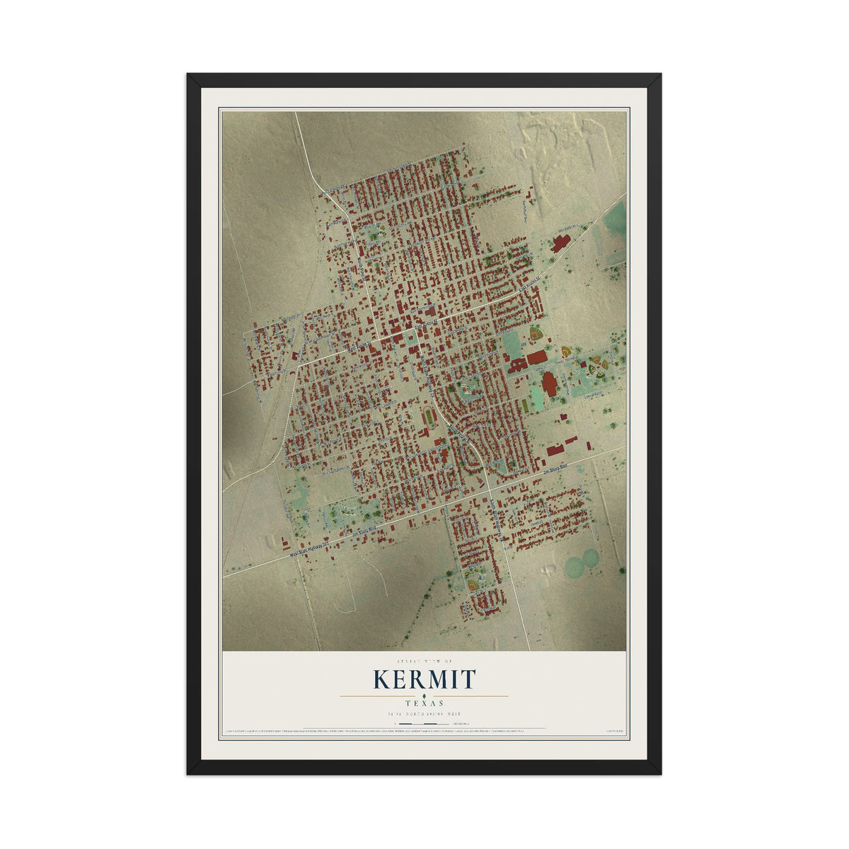 Map of Kermit, Texas, 12 x 18 inch print in a black wood frame