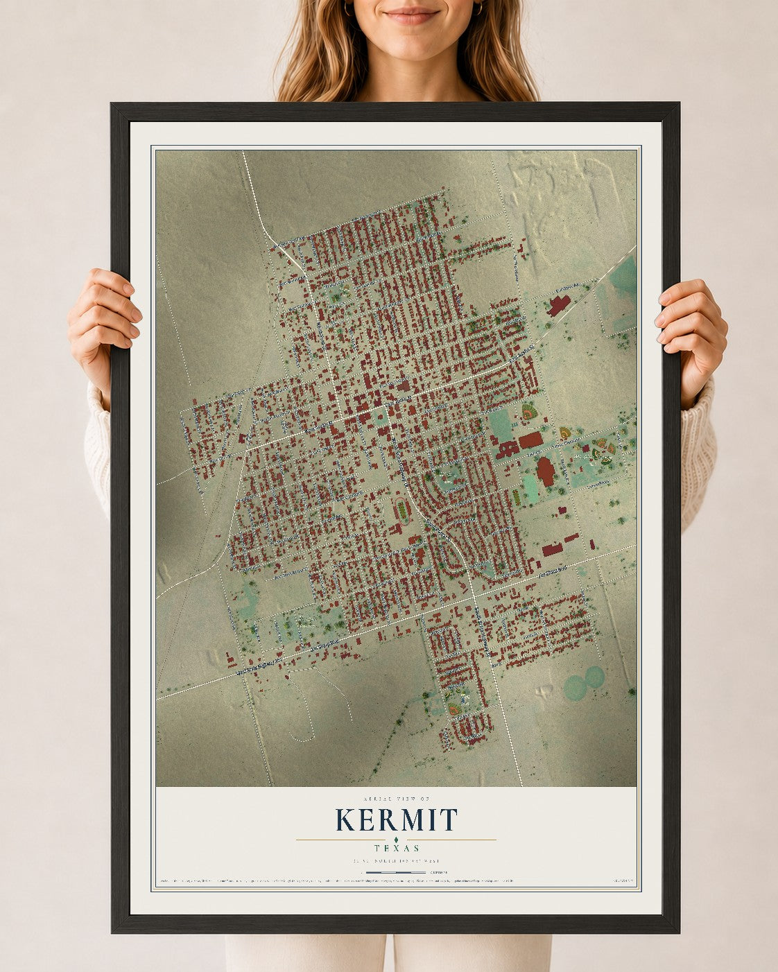 Map of Kermit, Texas, 24 x 36 inch print in a black wood frame