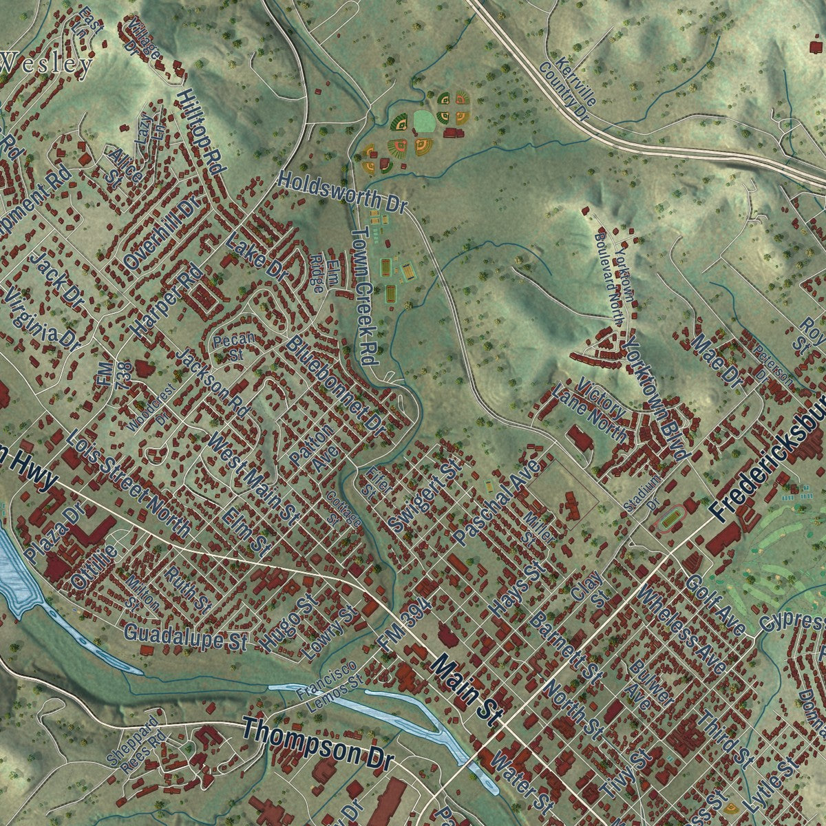 Close-up of the map of Kerrville, Texas print showing street and building detail