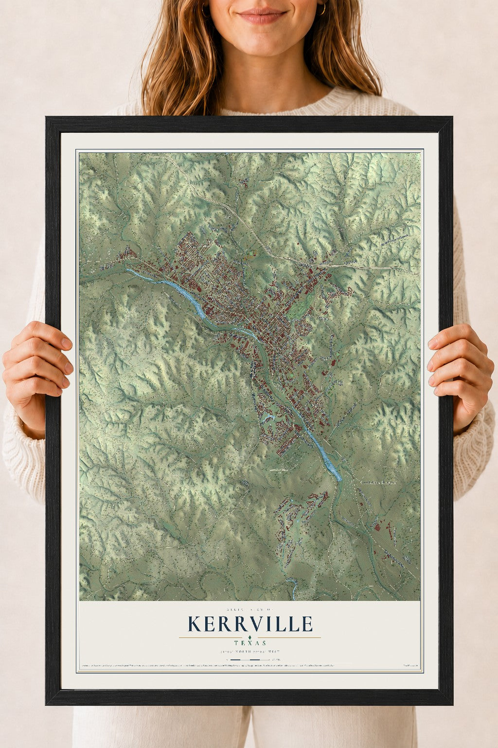 Map of Kerrville, Texas, 18 x 24 inch print in a black wood frame