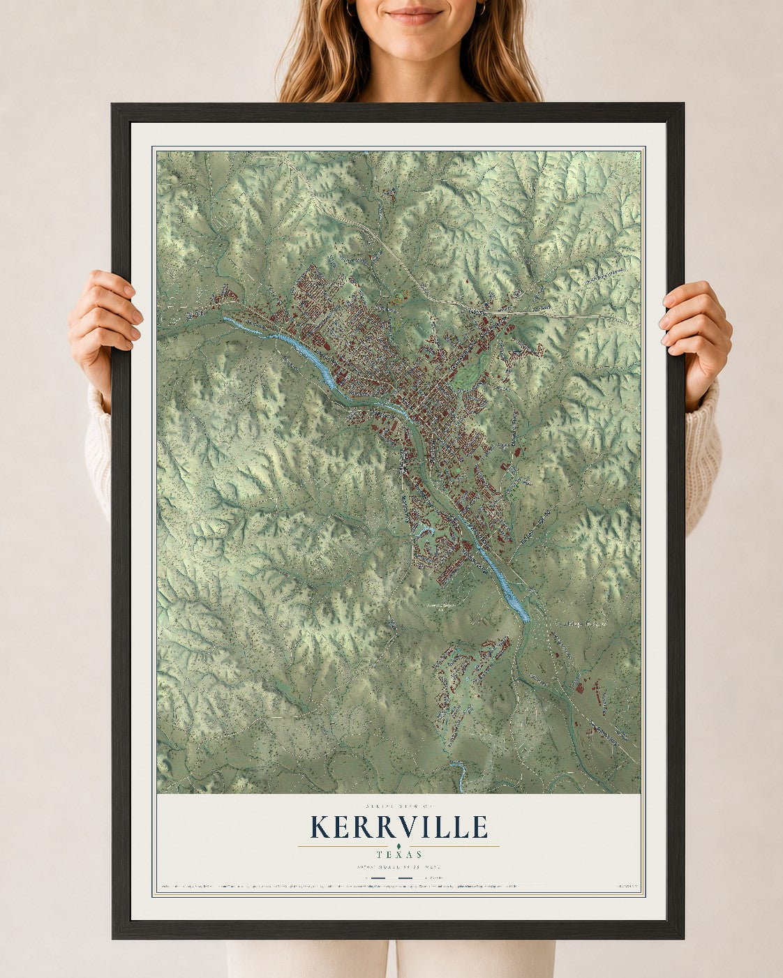Map of Kerrville, Texas, 24 x 36 inch print in a black wood frame
