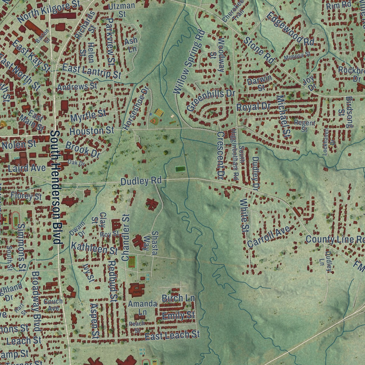 Close-up of the map of Kilgore, Texas print showing street and building detail