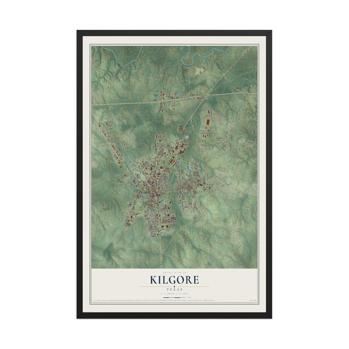 Map of Kilgore, Texas, 12 x 18 inch print in a black wood frame