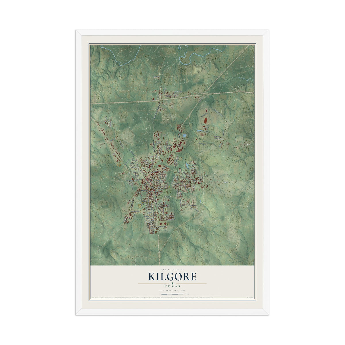 Map of Kilgore, Texas, 12 x 18 inch print in a white wood frame