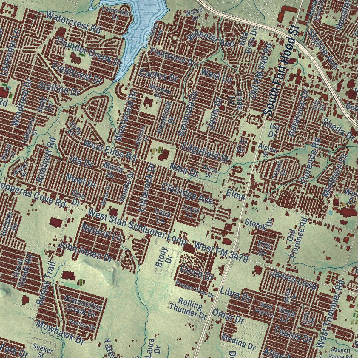 Close-up of the map of Killeen, Texas print showing street and building detail