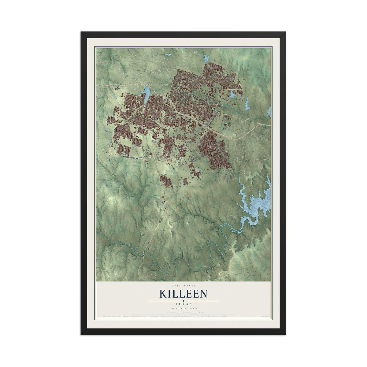 Map of Killeen, Texas, 12 x 18 inch print in a black wood frame