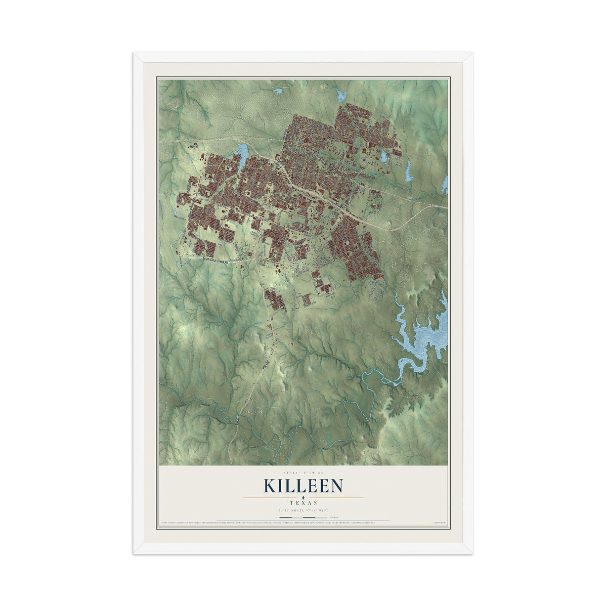 Map of Killeen, Texas, 12 x 18 inch print in a white wood frame