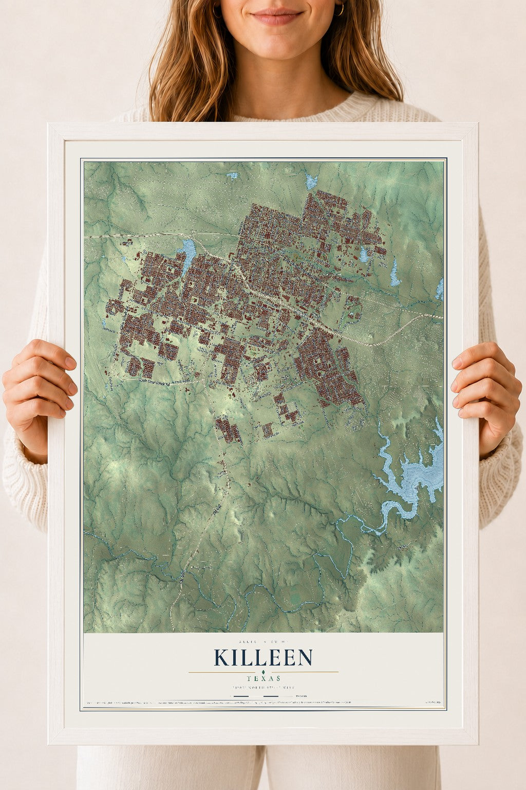 Map of Killeen, Texas, 18 x 24 inch print in a white wood frame