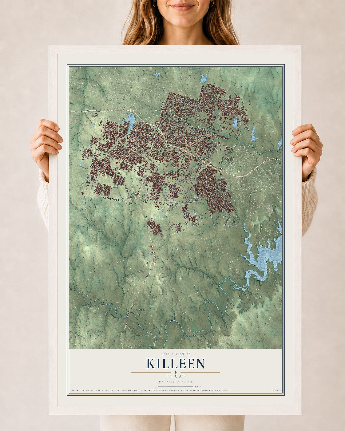 Map of Killeen, Texas, 24 x 36 inch print in a white wood frame