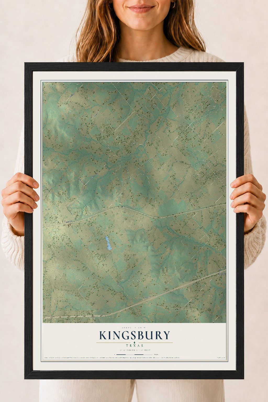 Map of Kingsbury, Texas, 18 x 24 inch print in a black wood frame