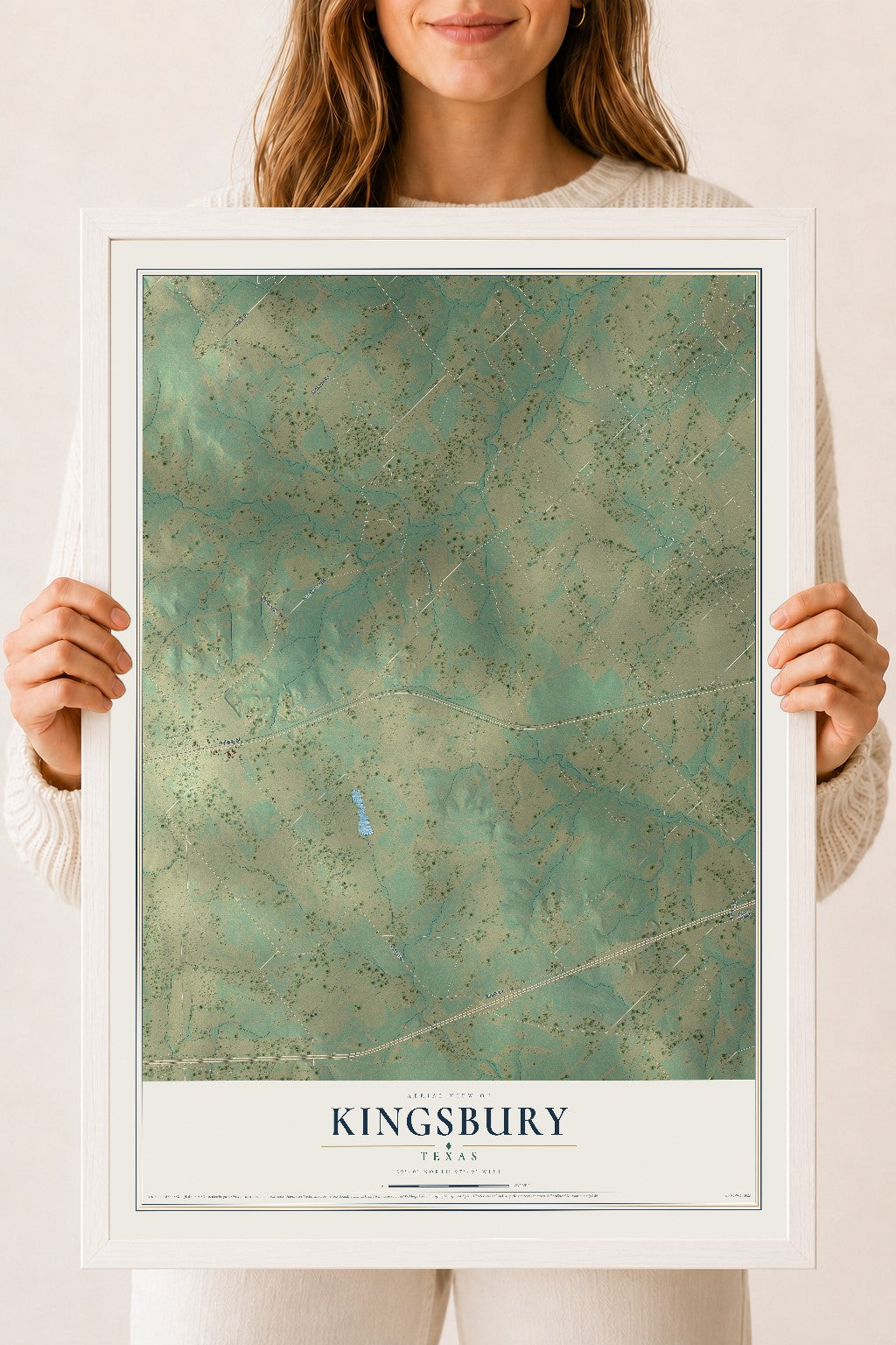 Map of Kingsbury, Texas, 18 x 24 inch print in a white wood frame