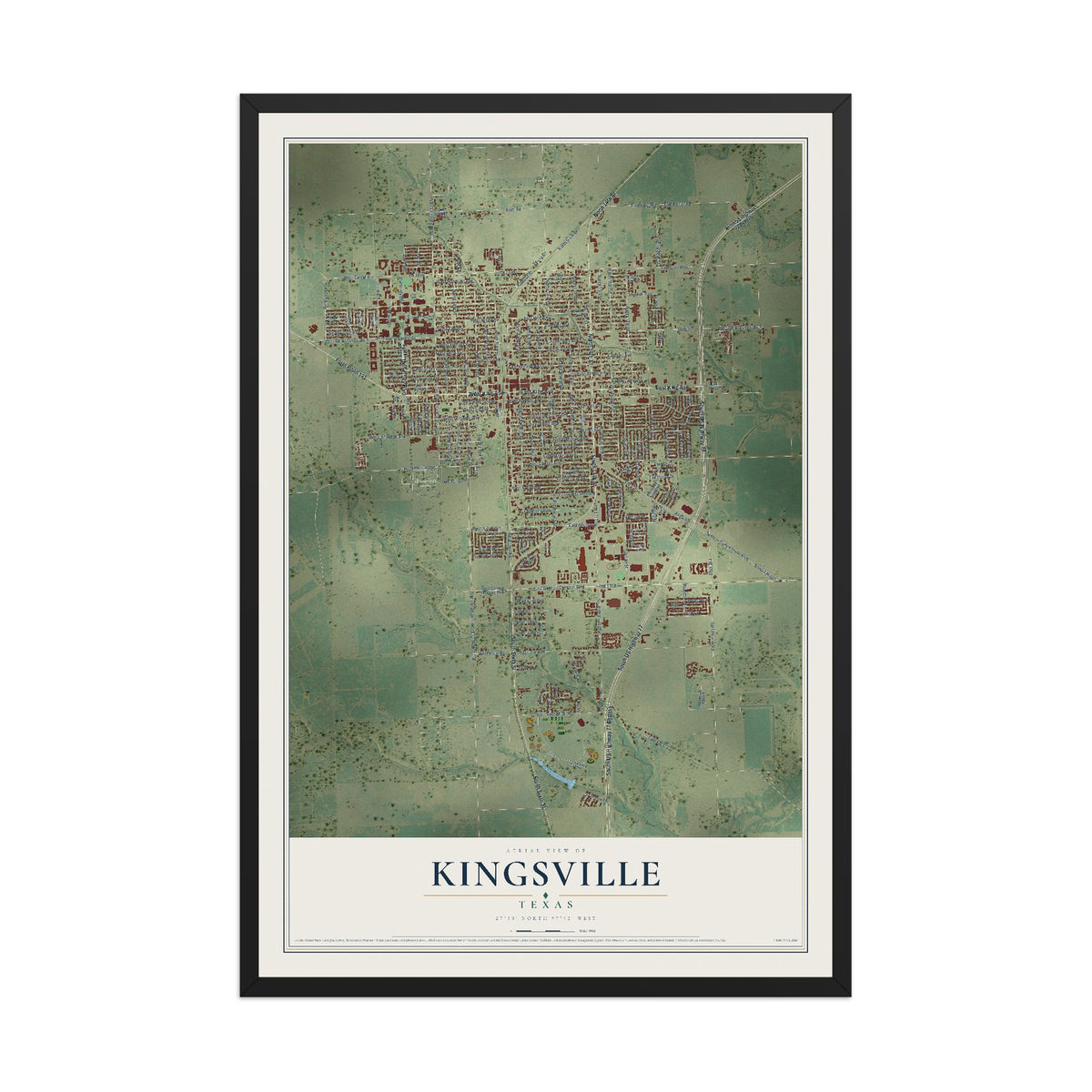 Map of Kingsville, Texas, 12 x 18 inch print in a black wood frame