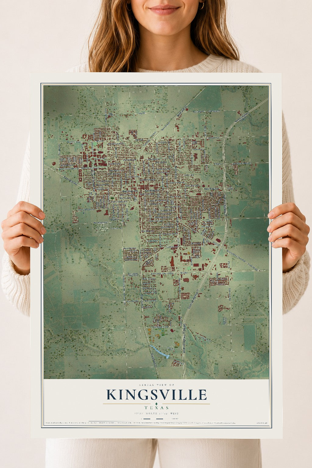 Map of Kingsville, Texas, 18 x 24 inch unframed archival matte print