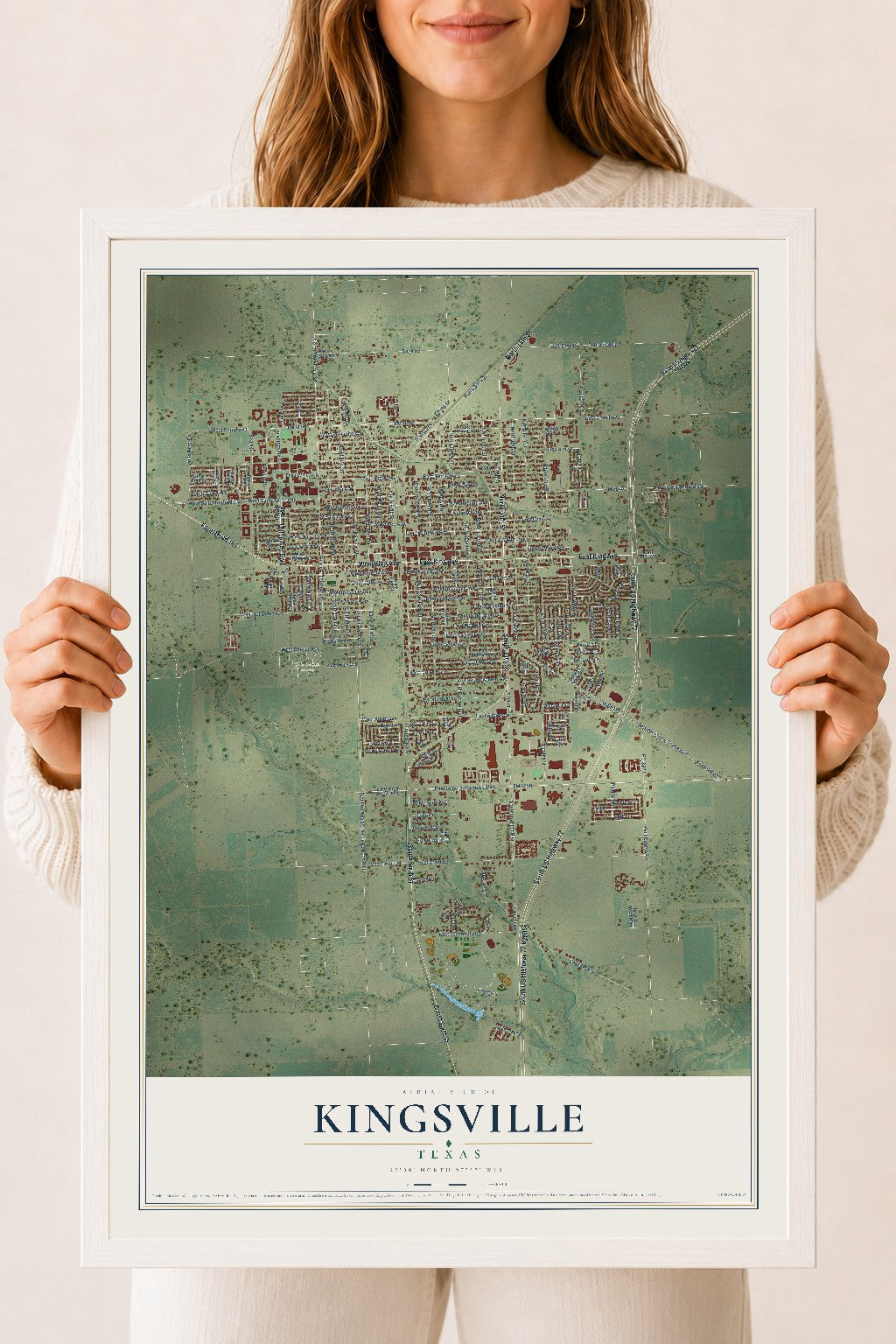 Map of Kingsville, Texas, 18 x 24 inch print in a white wood frame