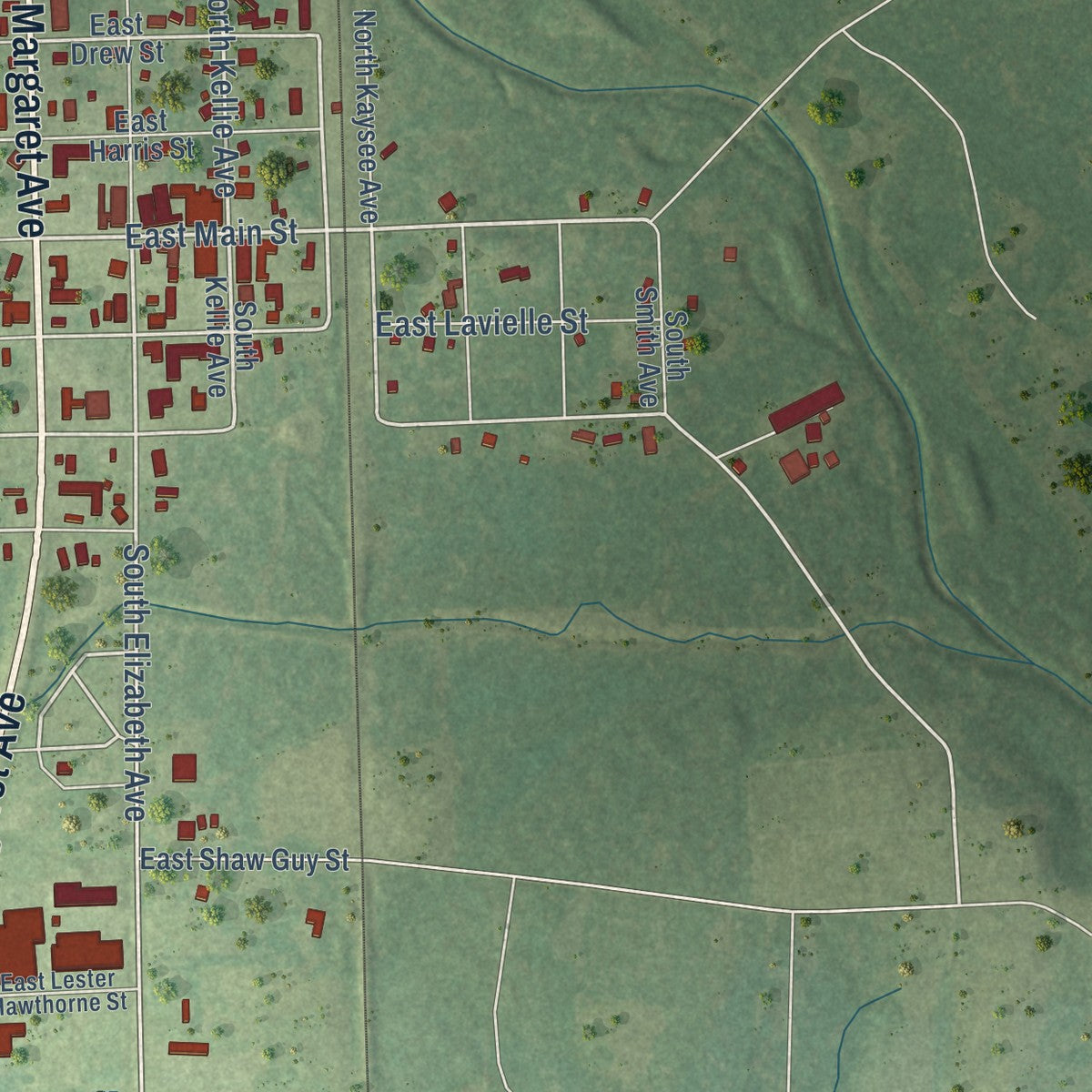 Second close-up of the map of Kirbyville, Texas print showing more streets and buildings