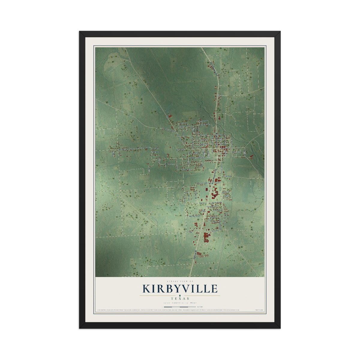 Map of Kirbyville, Texas, 12 x 18 inch print in a black wood frame