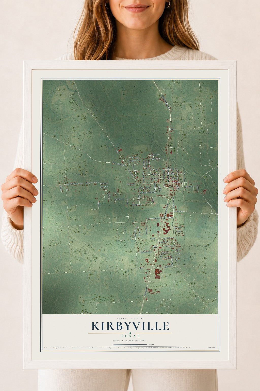 Map of Kirbyville, Texas, 18 x 24 inch print in a white wood frame