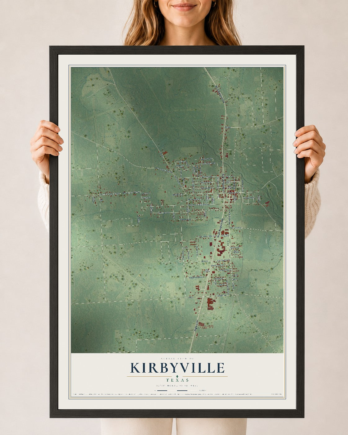 Map of Kirbyville, Texas, 24 x 36 inch print in a black wood frame