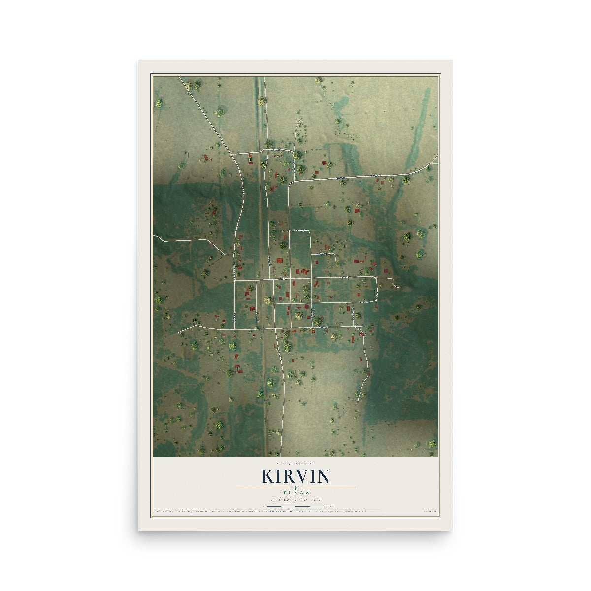 Map of Kirvin, Texas, 12 x 18 inch unframed archival matte print