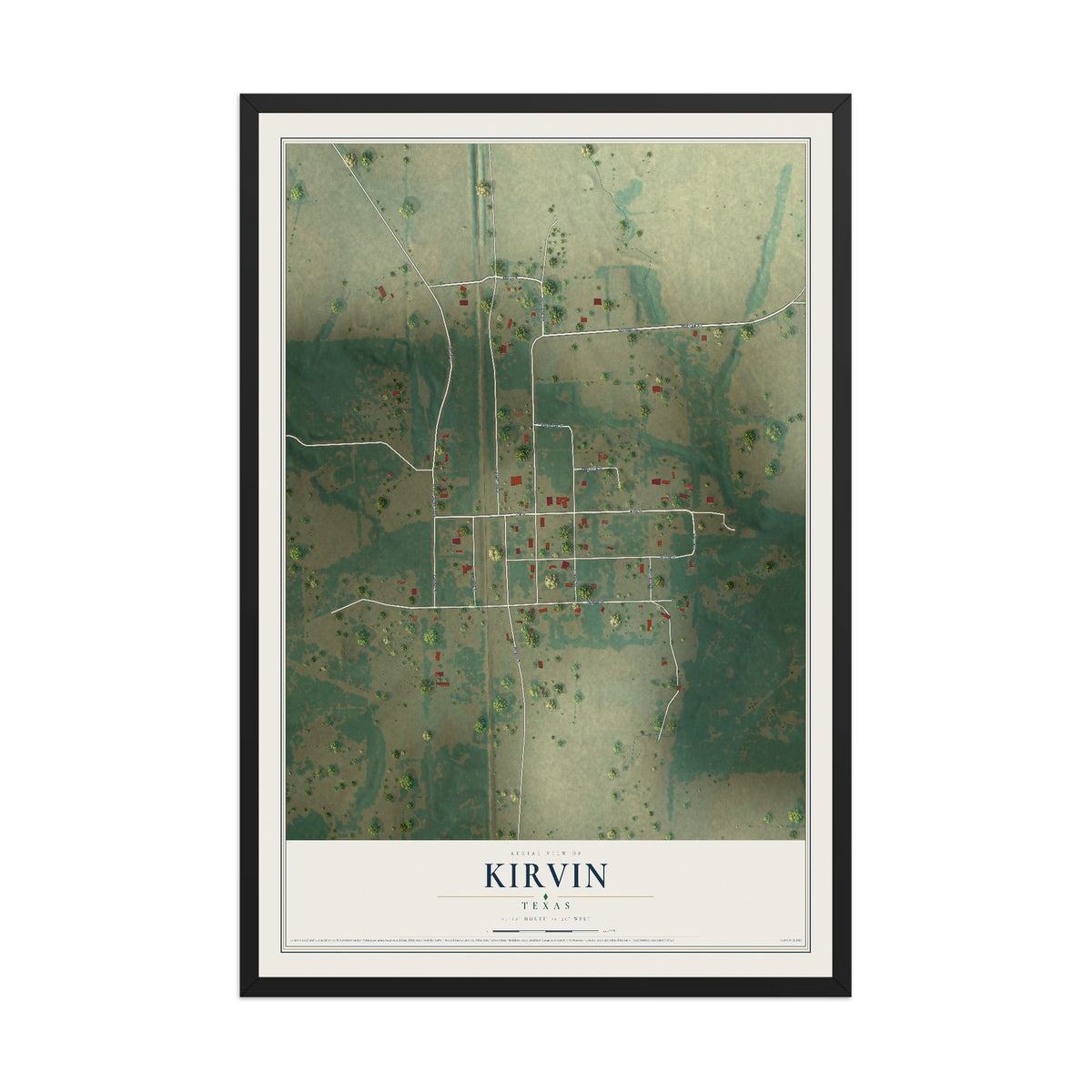 Map of Kirvin, Texas, 12 x 18 inch print in a black wood frame