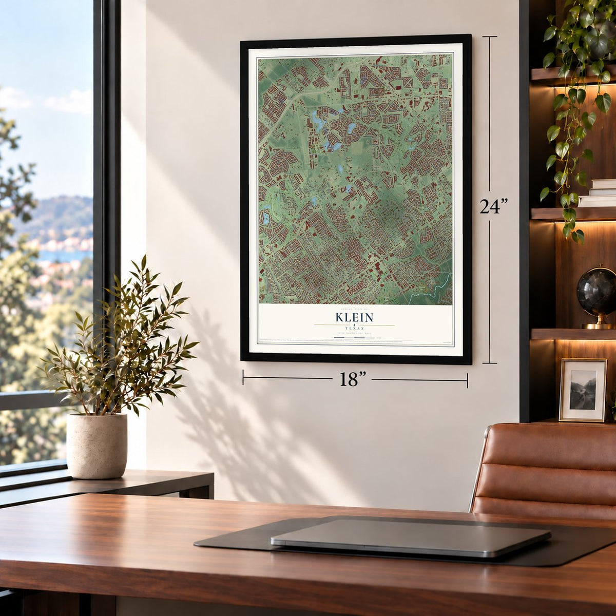 Klein, Texas map, 18 x 24 inch print in a black frame in a home office