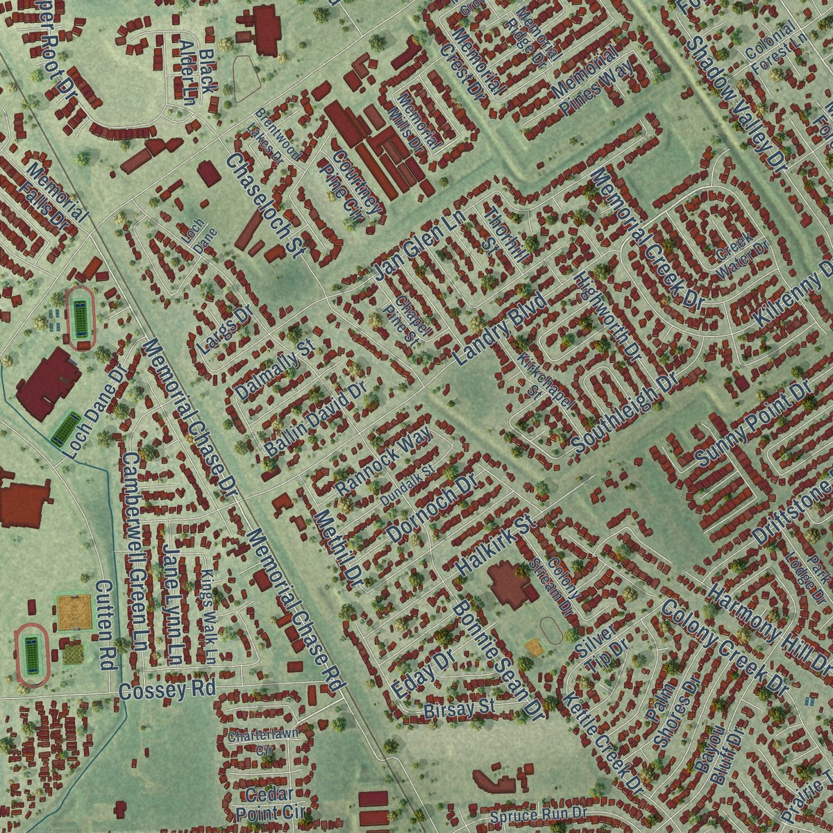 Close-up of the map of Klein, Texas print showing street and building detail