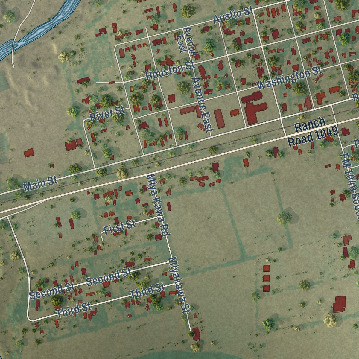Close-up of the map of Knippa, Texas print showing street and building detail