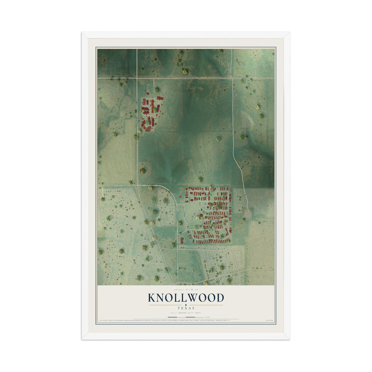 Map of Knollwood, Texas, 12 x 18 inch print in a white wood frame