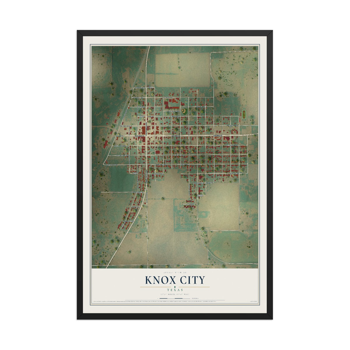 Map of Knox City, Texas, 12 x 18 inch print in a black wood frame
